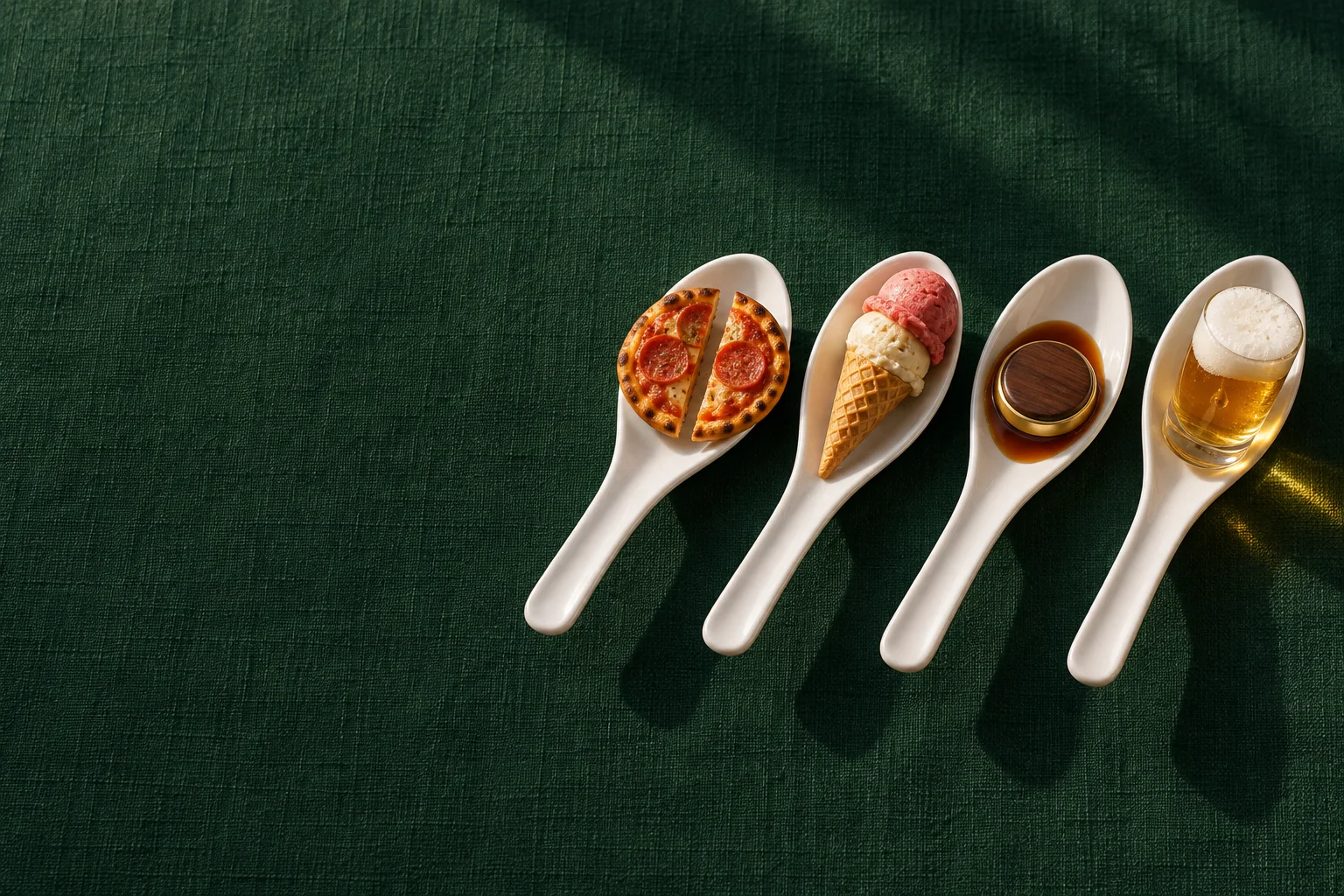 Four porcelain tasting spoons on green linen, each holding a tiny bite: a pizza cut in half, a two-scoop cone, a gold-rimmed walnut disc and a thimble of lager.
