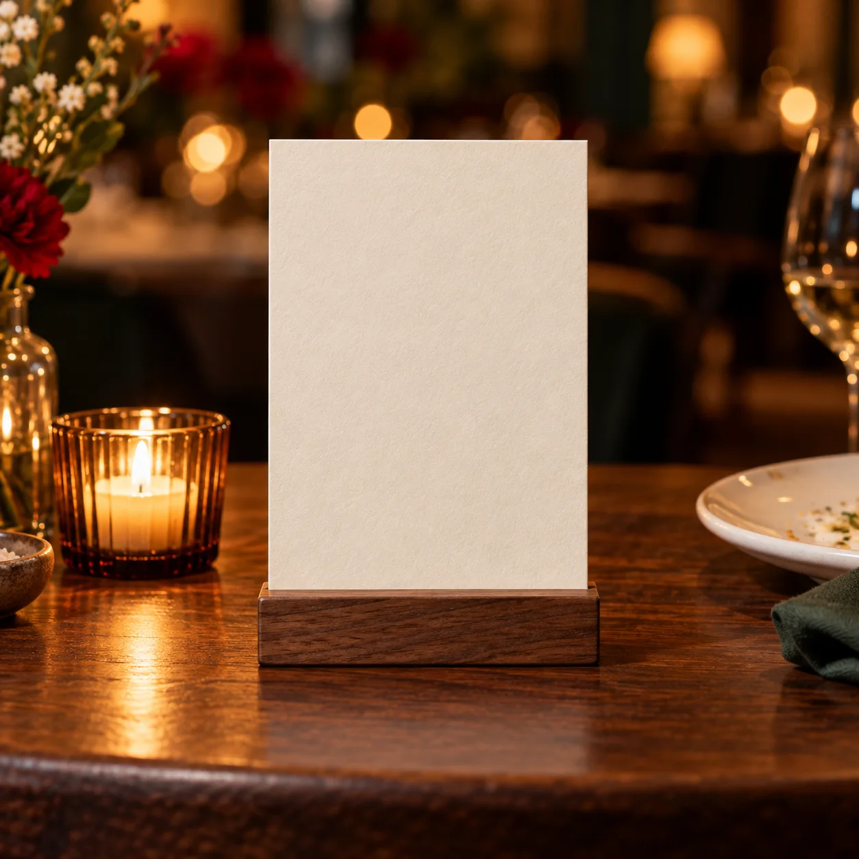 A blank cream card standing in a walnut holder on a candlelit restaurant table, ready for a venue’s name.