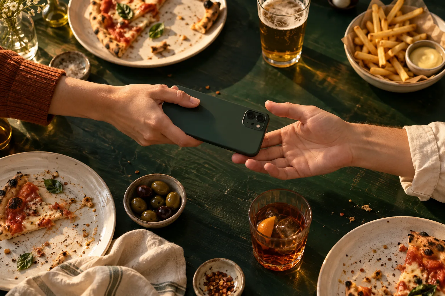 Two hands meet over a shared restaurant table as one passes a phone to the other, surrounded by pizza, fries and drinks.
